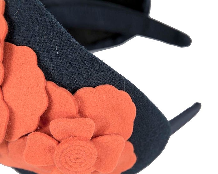 Fascinators Online - Wide headband navy winter fascinator with orange flowers by Max Alexander