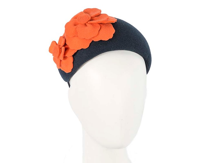 Fascinators Online - Wide headband navy winter fascinator with orange flowers by Max Alexander