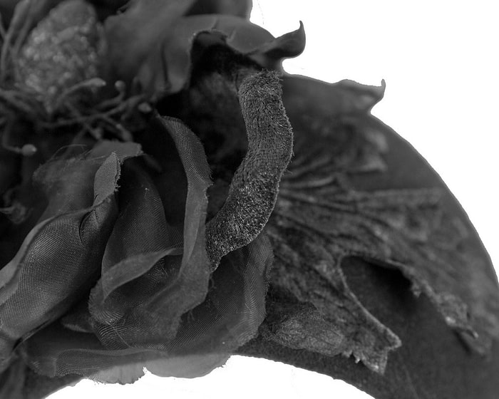 Fascinators Online - Wide black winter fascinator with silk flower