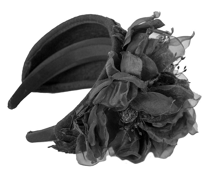 Fascinators Online - Wide black winter fascinator with silk flower