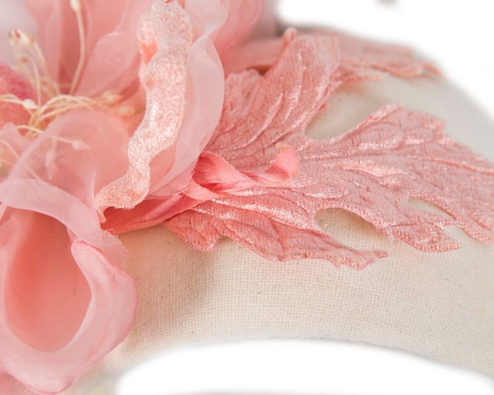 Fascinators Online - Wide cream winter fascinator with pink silk flower