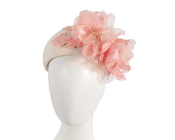 Fascinators Online - Wide cream winter fascinator with pink silk flower