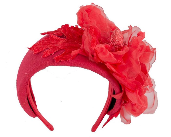 Fascinators Online - Wide red winter fascinator with silk flower