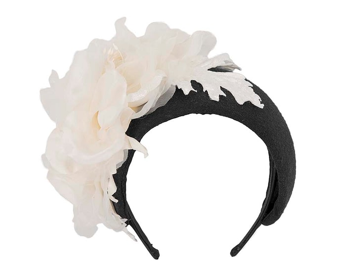 Fascinators Online - Wide black winter fascinator with cream silk flower