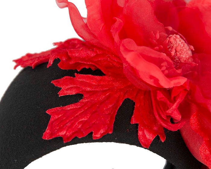 Fascinators Online - Wide black winter fascinator with red silk flower