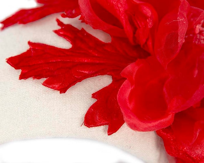 Fascinators Online - Wide cream winter fascinator with red silk flower