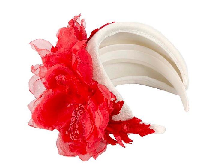 Fascinators Online - Wide cream winter fascinator with red silk flower