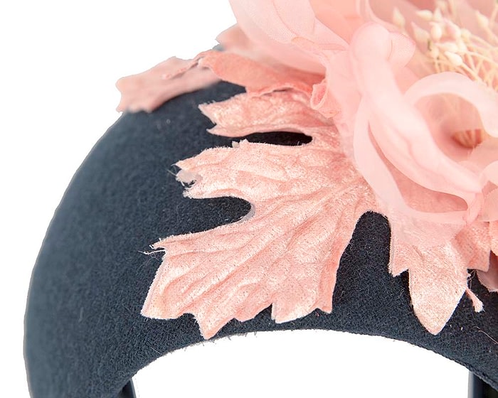 Fascinators Online - Wide navy winter fascinator with pink silk flower