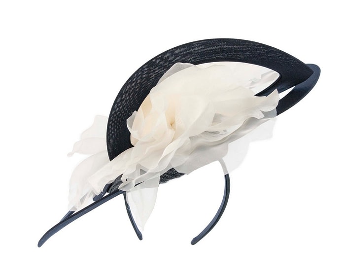Fascinators Online - Bespoke large navy and cream fascinator hat by Fillies Collection