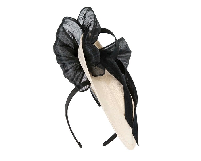 Fascinators Online - Bespoke cream sinamay fascinator with black bow by Fillies Collection