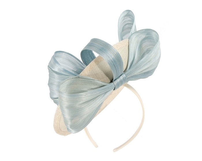 Fascinators Online - Bespoke cream sinamay fascinator with blue bow by Fillies Collection
