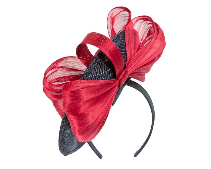 Fascinators Online - Bespoke navy sinamay fascinator with red bow by Fillies Collection