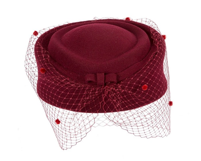 Fascinators Online - Large burgundy pillbox with face veil by Fillies Collection