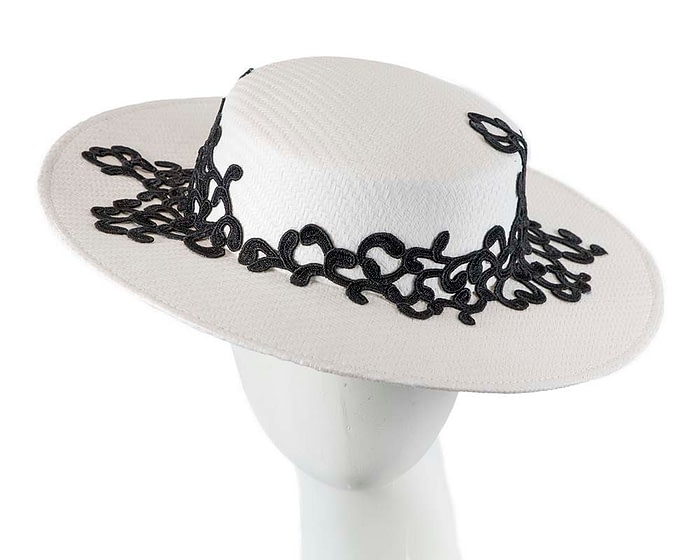 Fascinators Online - White & black fashionable boater hat with lace