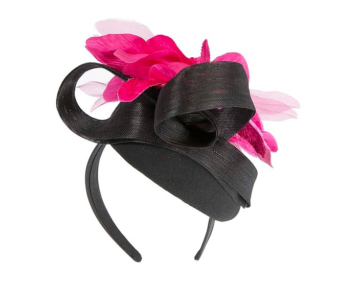 Fascinators Online - Tall black felt pillbox with fuchsia flower by Fillies Collection
