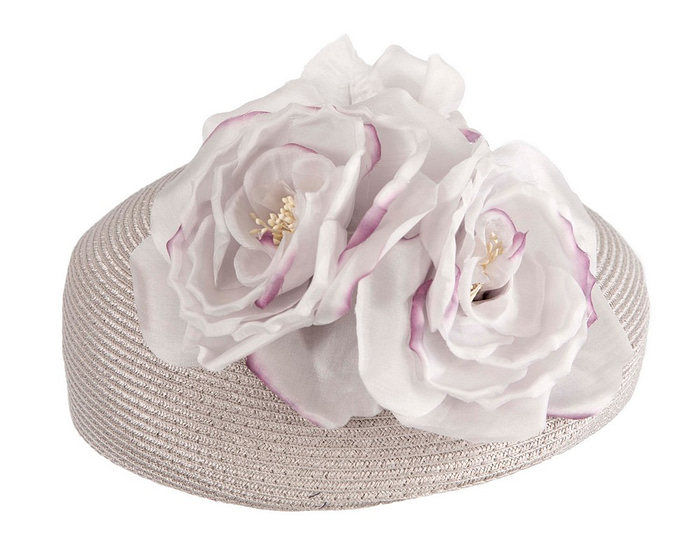 Fascinators Online - Silver beret hat with flowers by Max Alexander