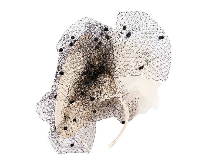 Fascinators Online - Cream & black racing fascinator with flowers and face netting by Fillies Collection