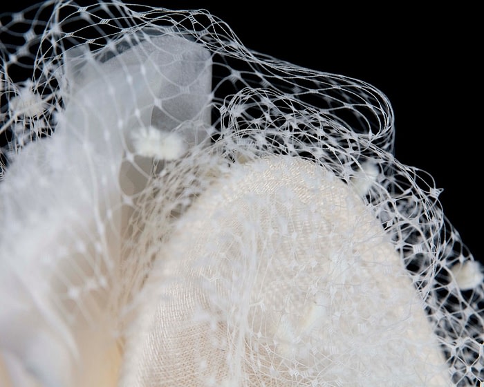 Fascinators Online - Cream racing fascinator with flowers and face netting by Fillies Collection