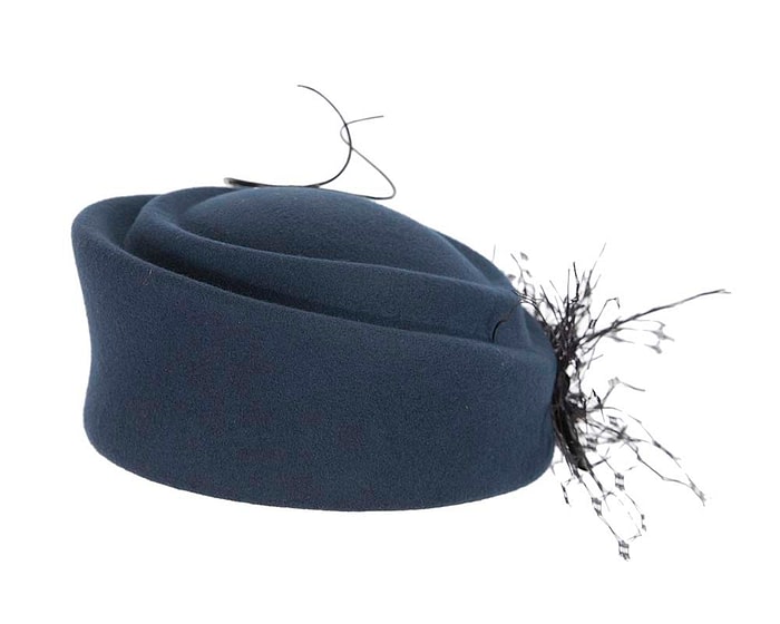 Fascinators Online - Navy felt beret hat with feather by Fillies Collection