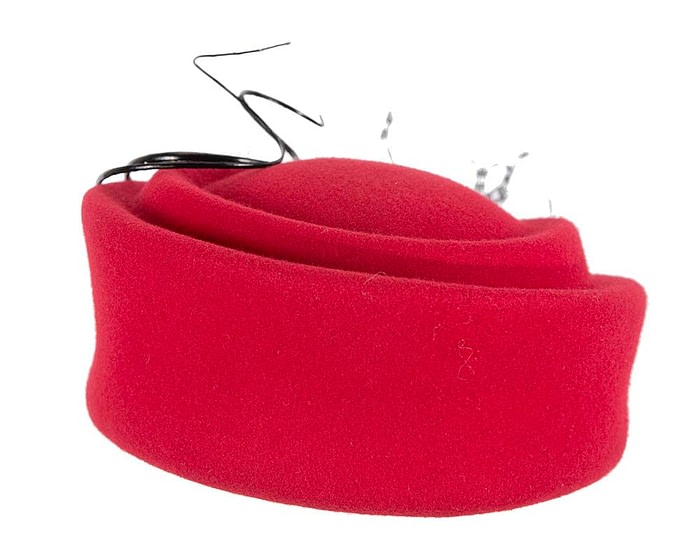 Fascinators Online - Red felt beret hat with feather by Fillies Collection