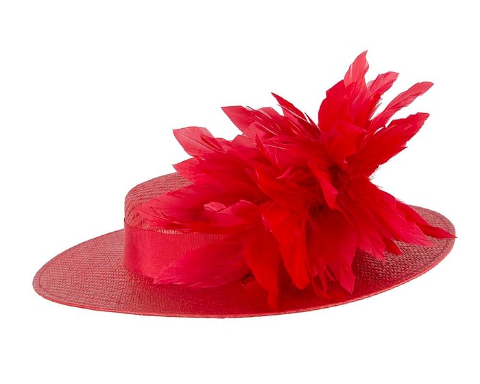 Fascinators Online - Red boater hat with feathers by Max Alexander