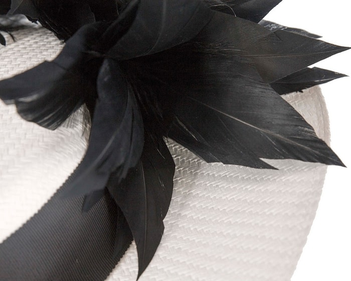 Fascinators Online - White & black boater hat with feathers by Max Alexander