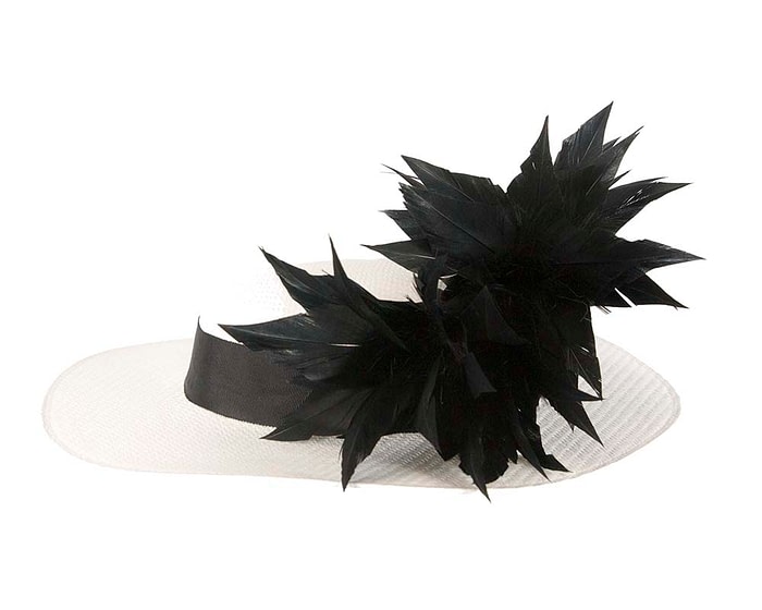 Fascinators Online - White & black boater hat with feathers by Max Alexander