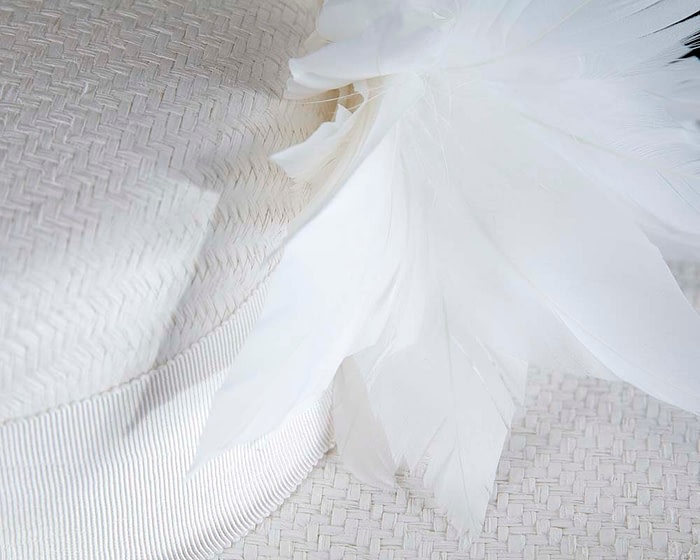 Fascinators Online - White boater hat with feathers by Max Alexander