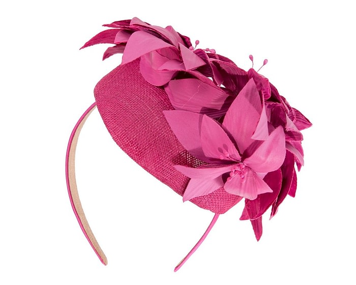 Fascinators Online - Fuchsia leather flower pillbox fascinator by Fillies Collection