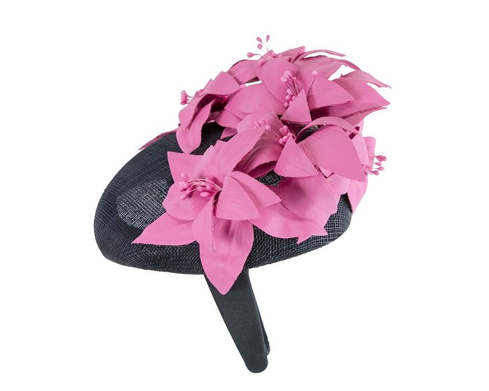 Fascinators Online - Navy & fuchsia leather flower pillbox fascinator by Fillies Collection