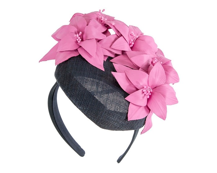 Fascinators Online - Navy & fuchsia leather flower pillbox fascinator by Fillies Collection