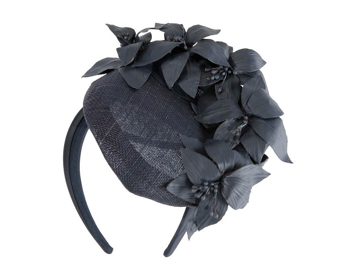 Fascinators Online - Navy leather flower pillbox fascinator by Fillies Collection