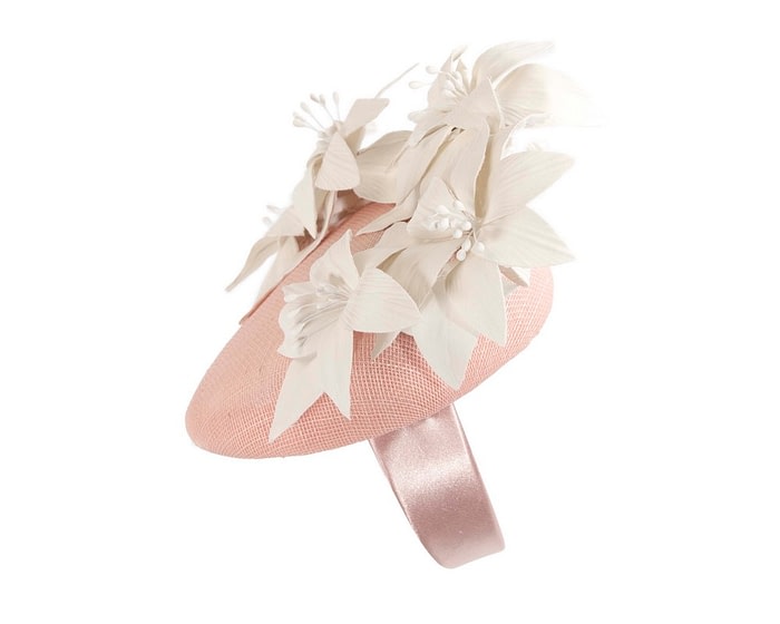 Fascinators Online - Pink & cream leather flower pillbox fascinator by Fillies Collection