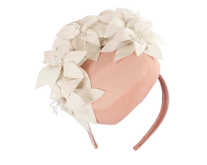 Fascinators Online - Pink & cream leather flower pillbox fascinator by Fillies Collection