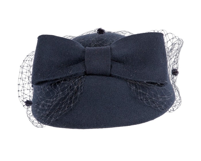 Fascinators Online - Large navy felt beret hat with veil