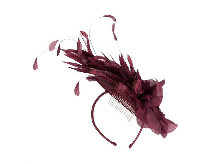 Fascinators Online - Burgundy sinamay fascinator with flower & feathers
