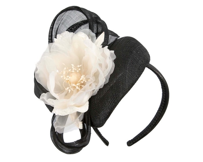 Fascinators Online - Black & Cream pillbox fascinator with large flower by Fillies Collection