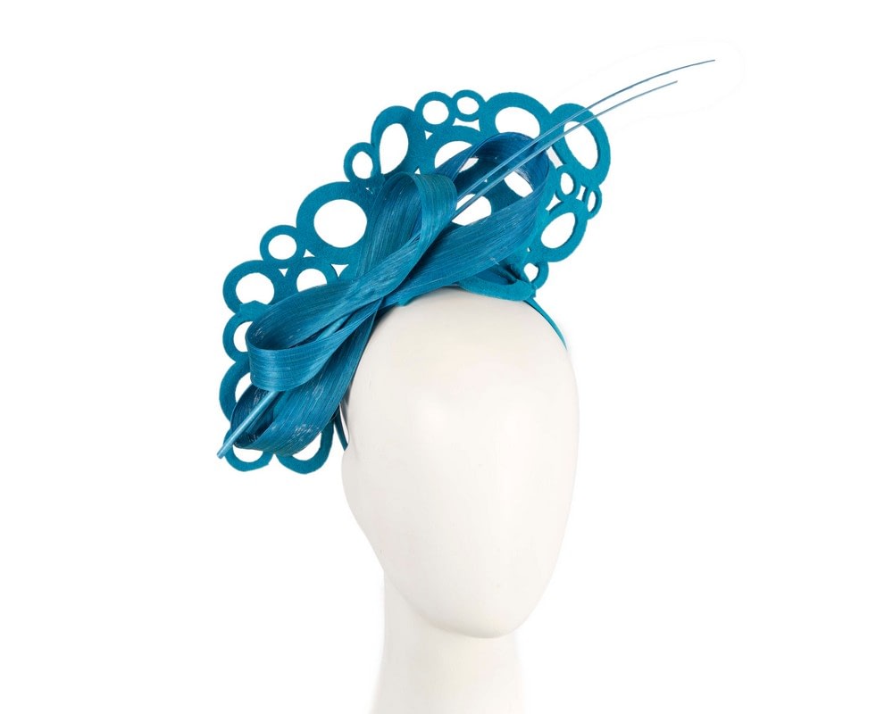 Blue lasercut fascinator with long feathers in Australia Fascinators