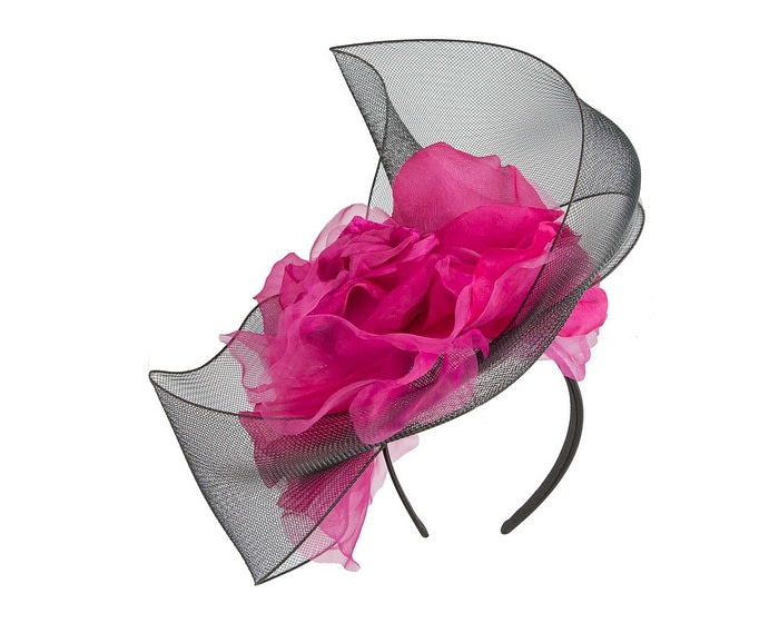 Large black & fuchsia fascinator with flower by Fillies Collection - Image 2