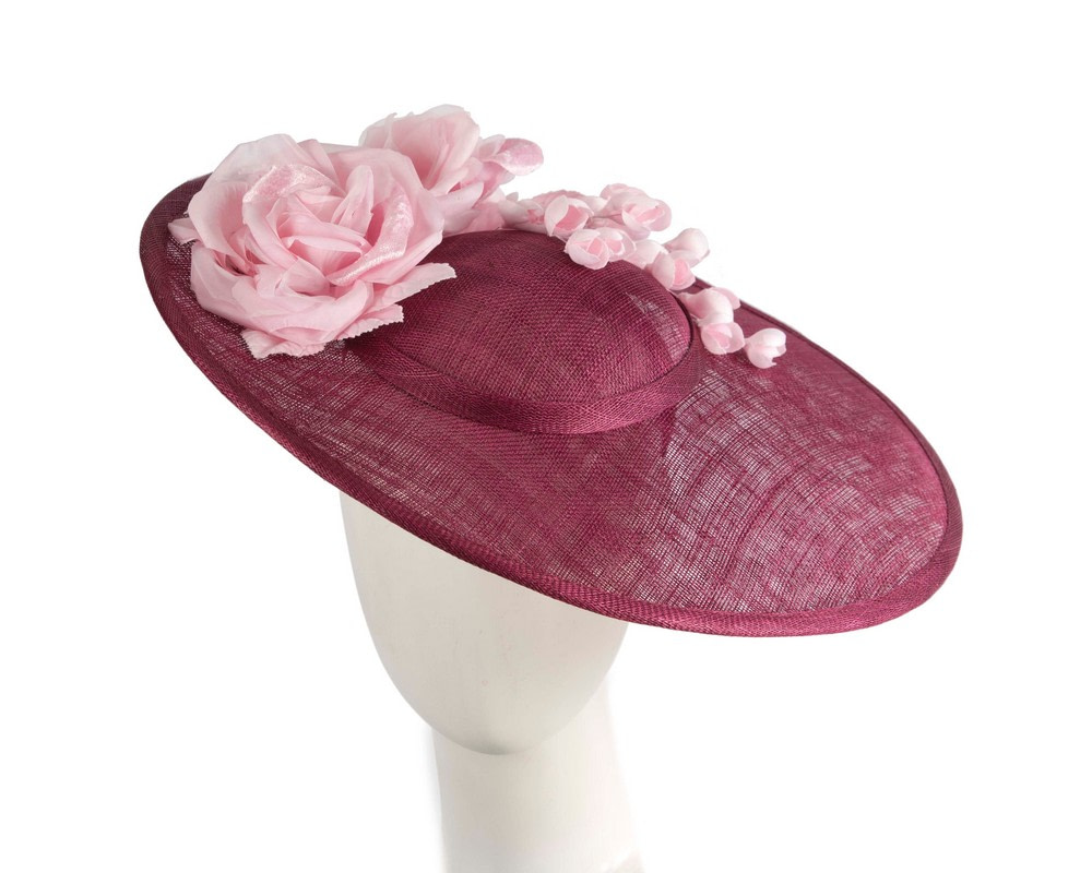 Large wine & pink sinamay fascinator hat with flowers by Max Alexander - Hats From OZ