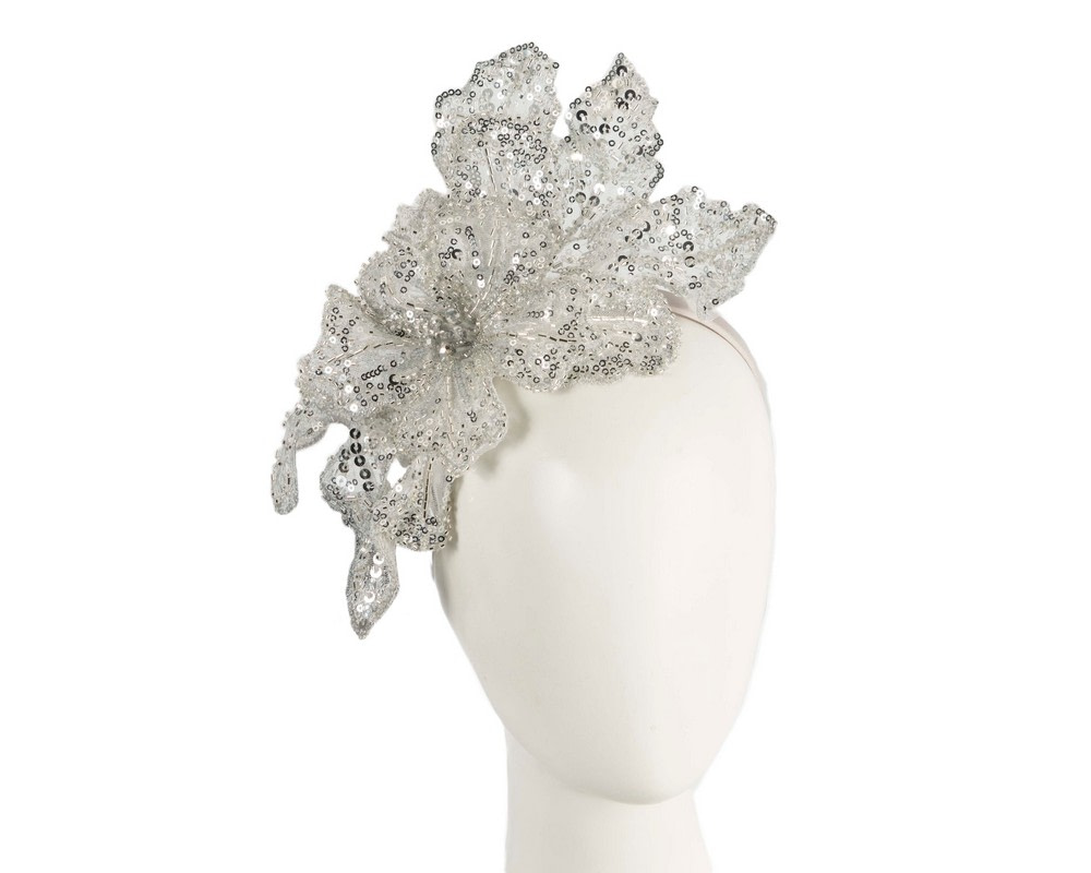 Shiny Silver lace fascinator by Fillies Collection - Hats From OZ