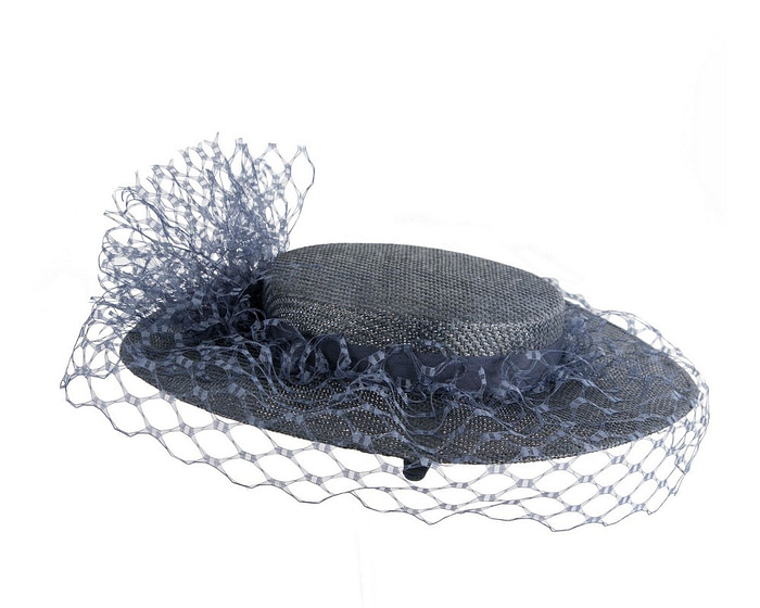 Navy boater hat with face veil by Fillies Collection - Image 4