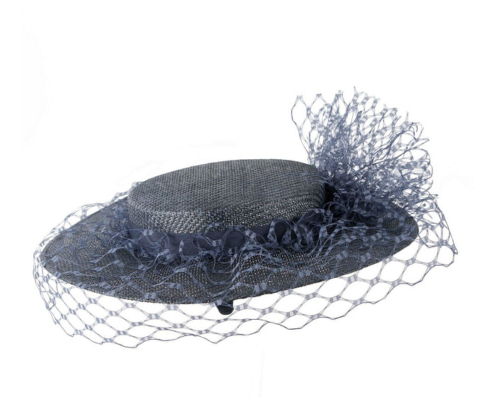 Navy boater hat with face veil by Fillies Collection - Image 3