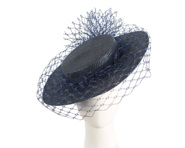 Navy boater hat with face veil by Fillies Collection