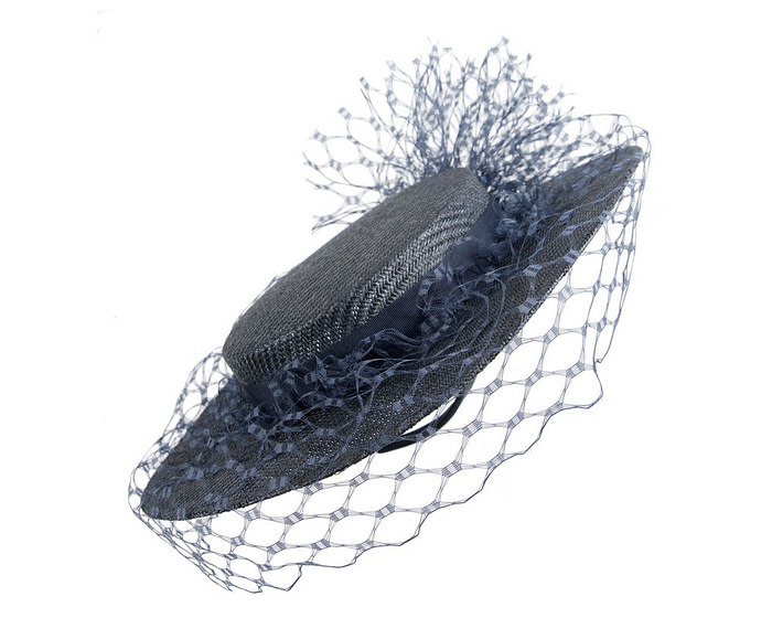 Navy boater hat with face veil by Fillies Collection - Image 2