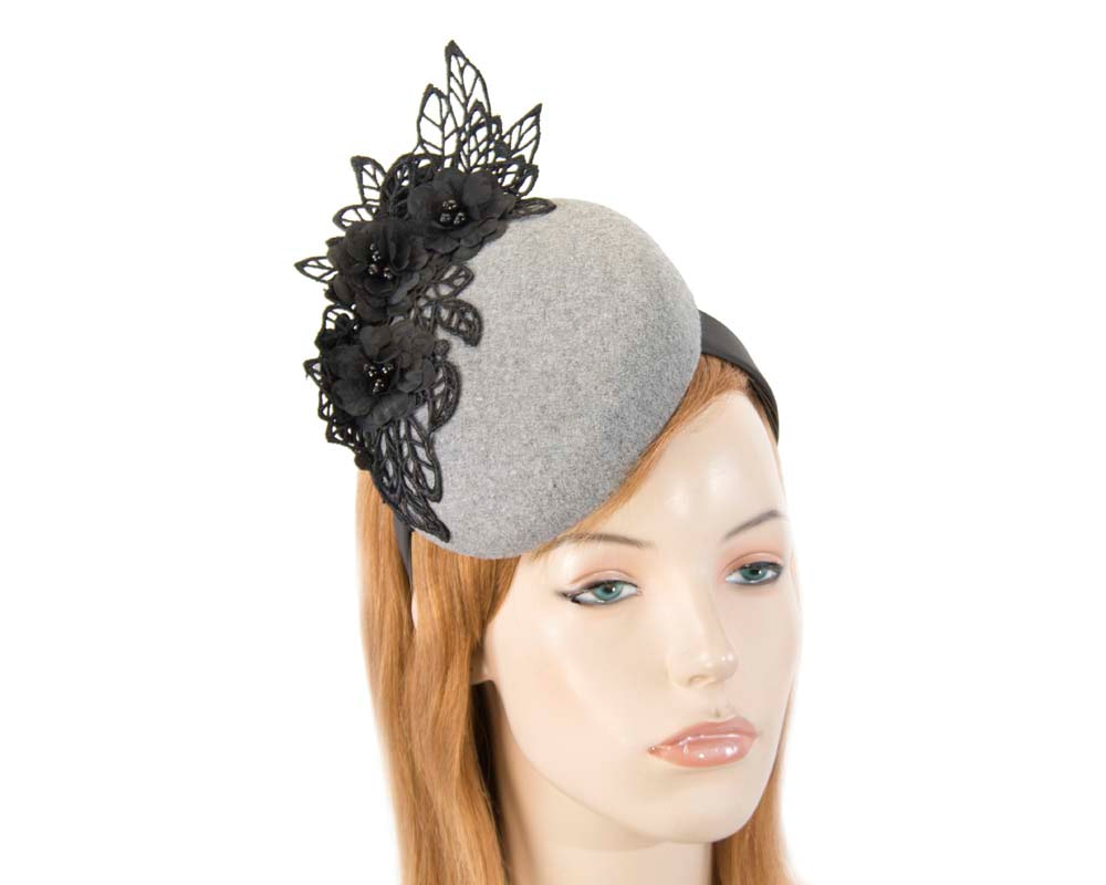 Silver & black winter pillbox with lace - Hats From OZ