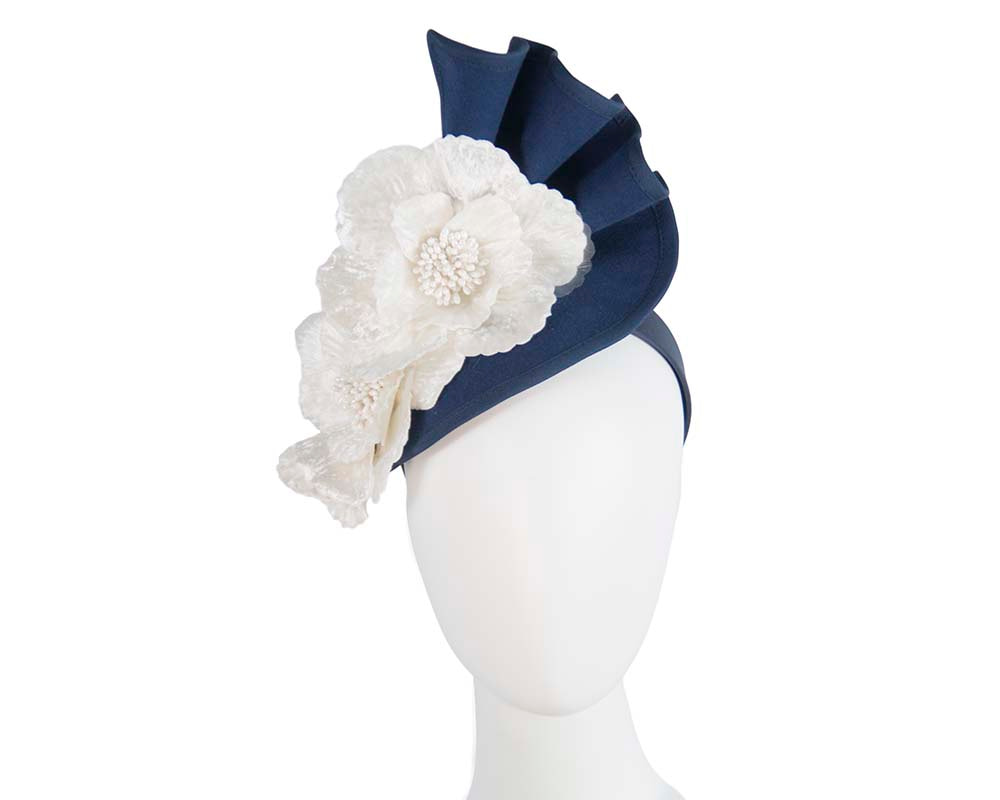 Large navy felt winter fascinator with cream flower by Fillies Collection - Hats From OZ