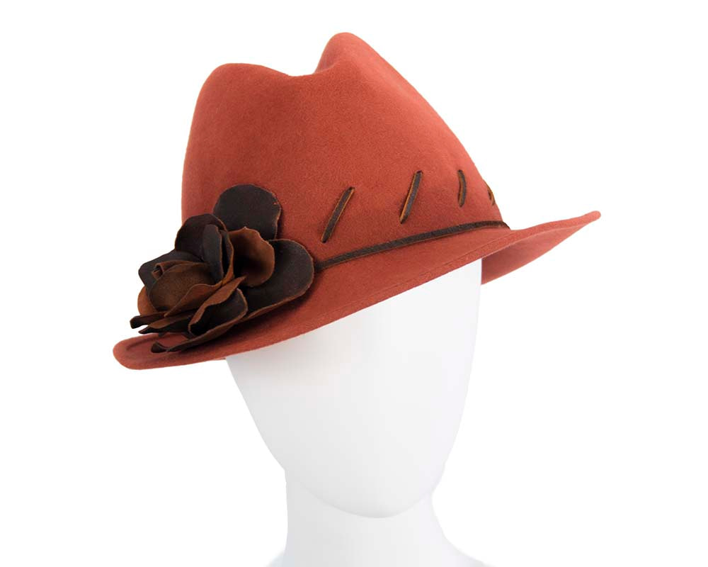 Exclusive rabbit fur fedora hat with leather flower - Hats From OZ