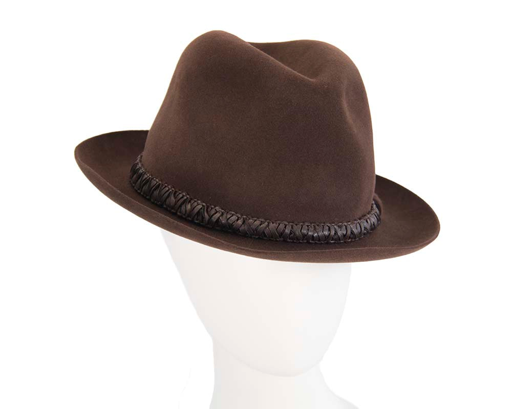 Brown unisex rabbit fur fedora hat with leather trim - Hats From OZ