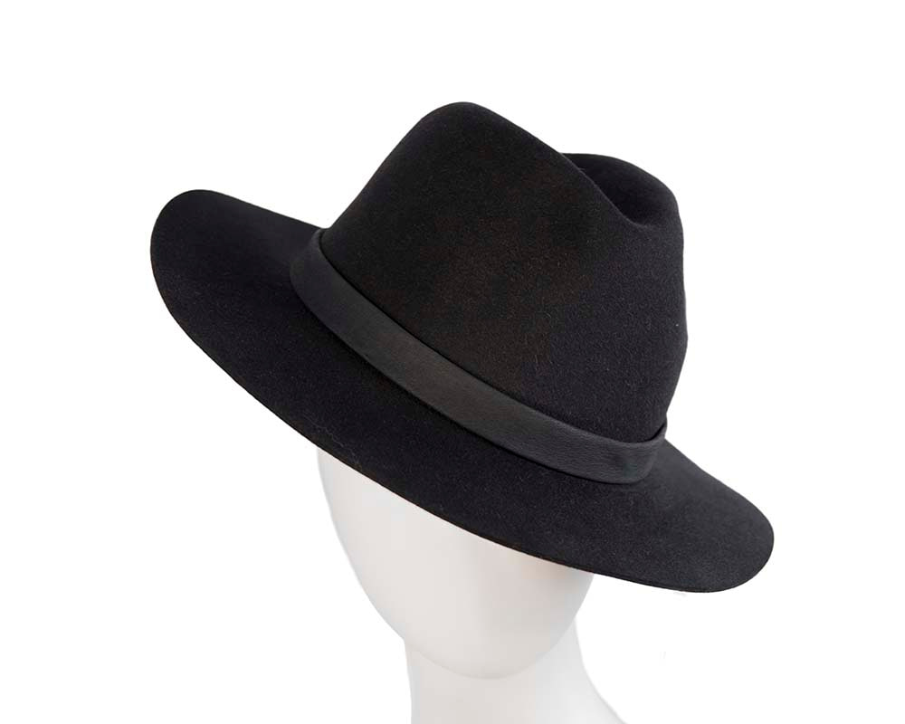 Black rabbit fur wide brim fedora hat with leather band - Hats From OZ